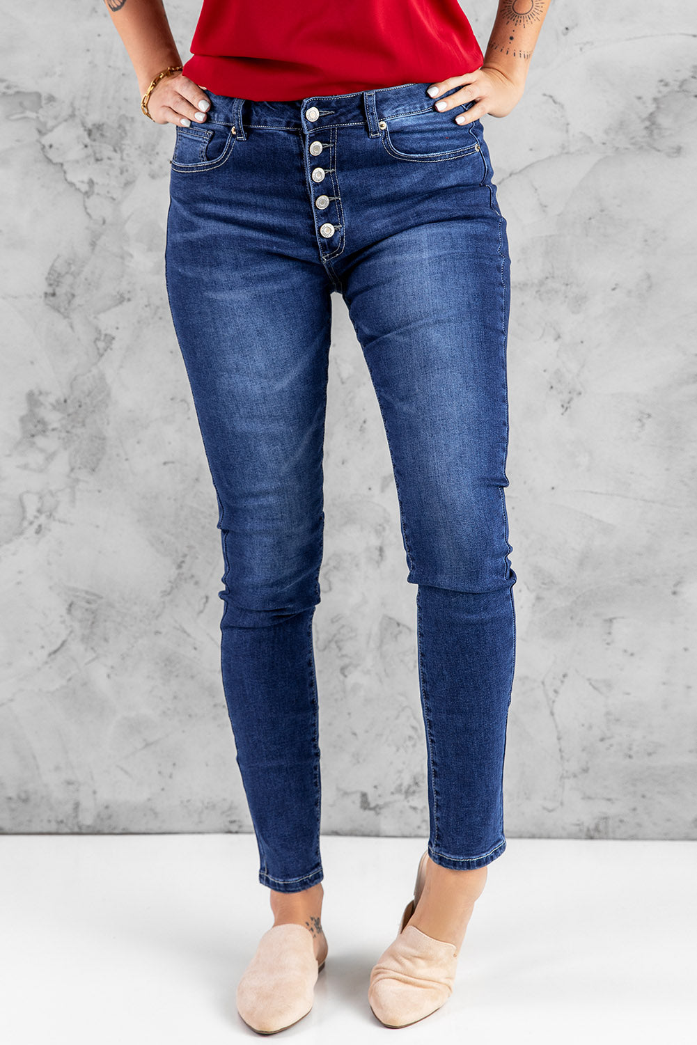 Blue High Rise Skinny Button Fly Jeans