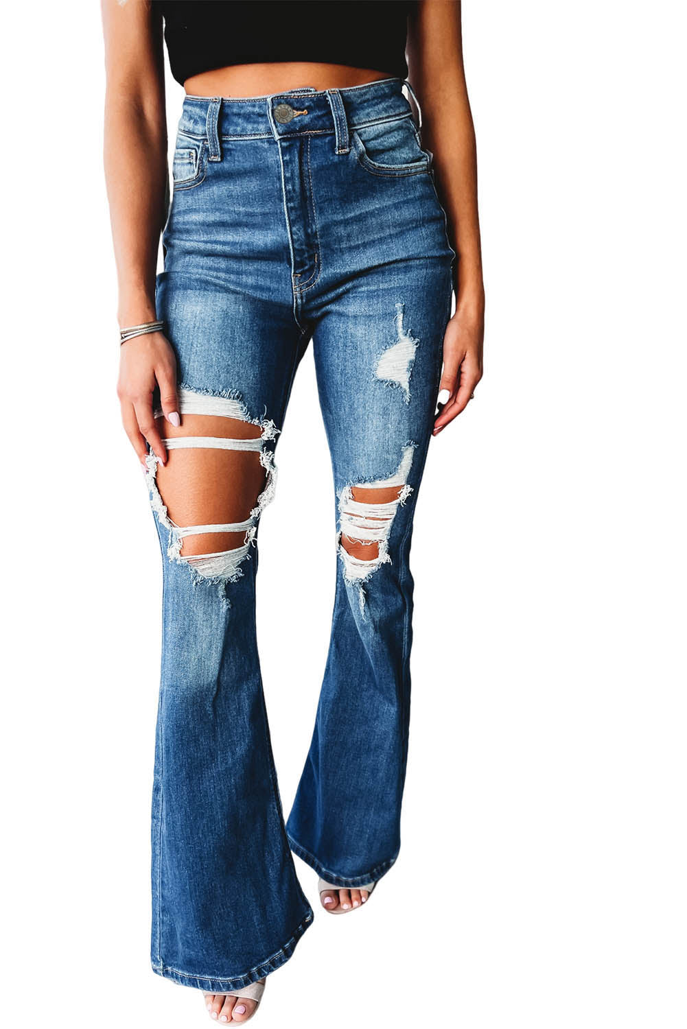 Blue High Waist Distressed Cutout Flare Leg Jeans