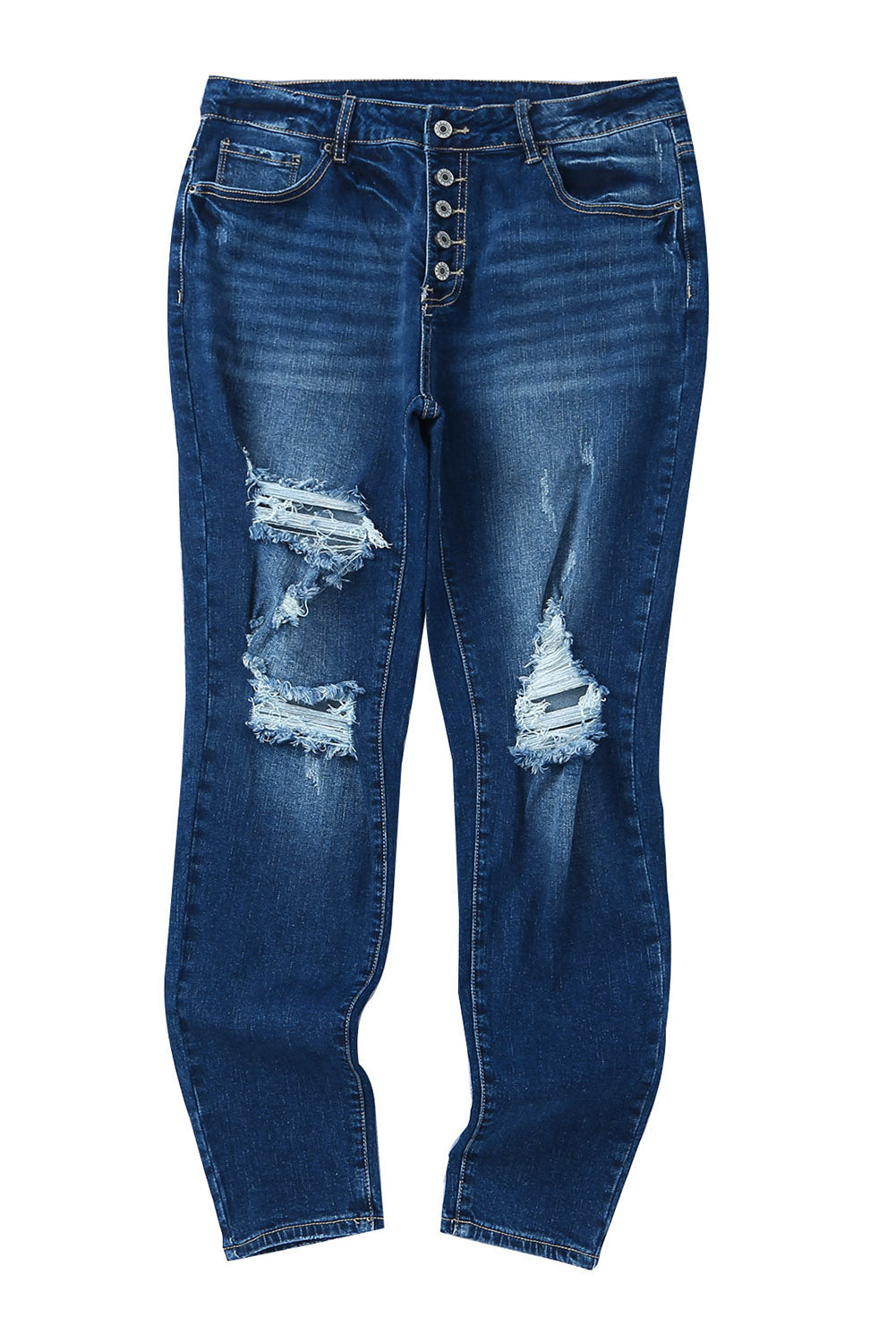 Blue Medium Wash Button Fly Distressed Plus Size Jeans