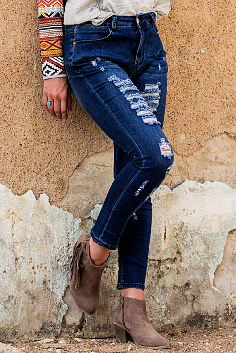 Blue Mid Rise Distressed Ripped Holes Skinny Jeans