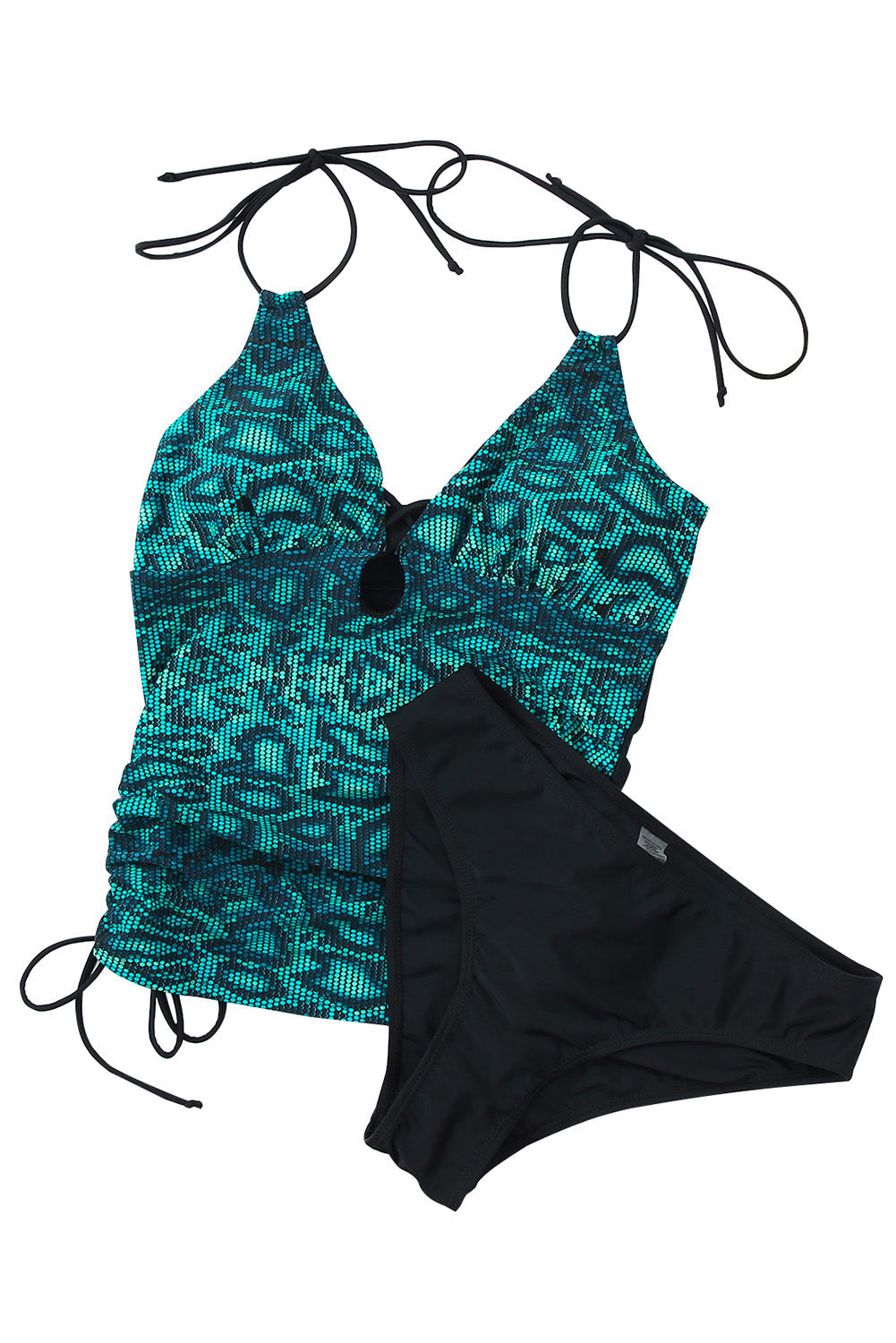 Blue Snakeskin Print Halter Deep V Neck Tankini Swimsuit