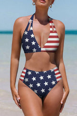 Blue Stars And Stripes Patchwork Flag Pattern Bikini Swimsuit