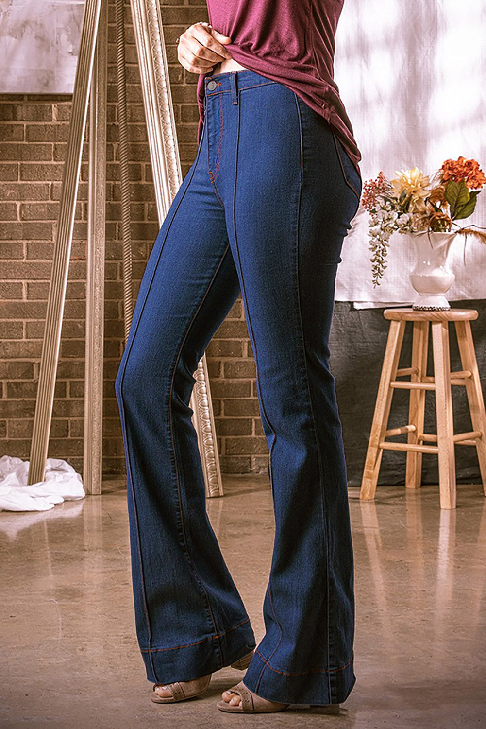 Blue Stitching Flare Jeans With Pockets