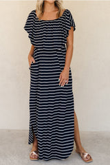 Blue Striped Print Ruffled High Waist Maxi Dress With Side Splits