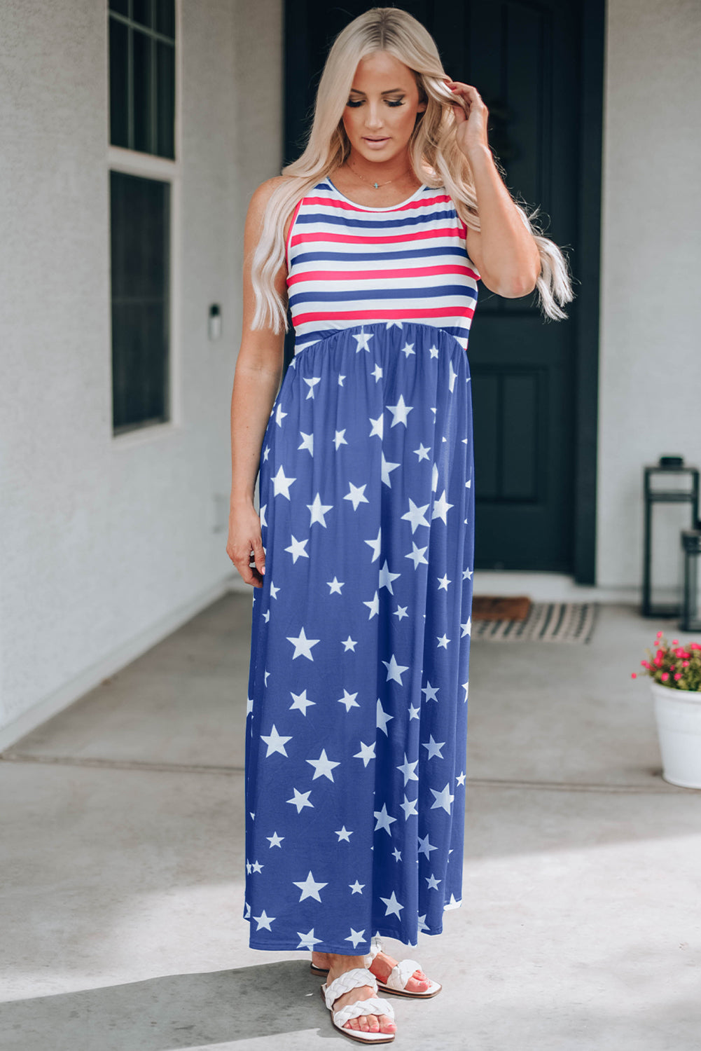 Blue Stripes And Stars Sleeveless Maxi Dress With Pockets