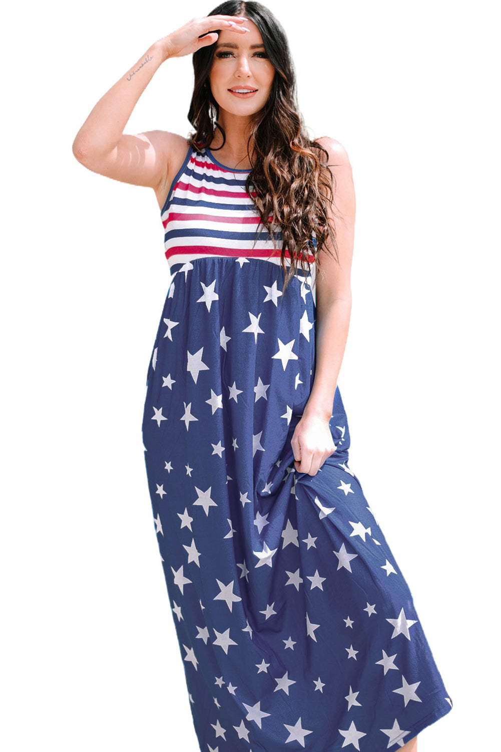 Blue Stripes And Stars Sleeveless Maxi Dress With Pockets