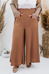 Brown Ribbed Patch Pocket Frill Waist Wide Leg Plus Pants
