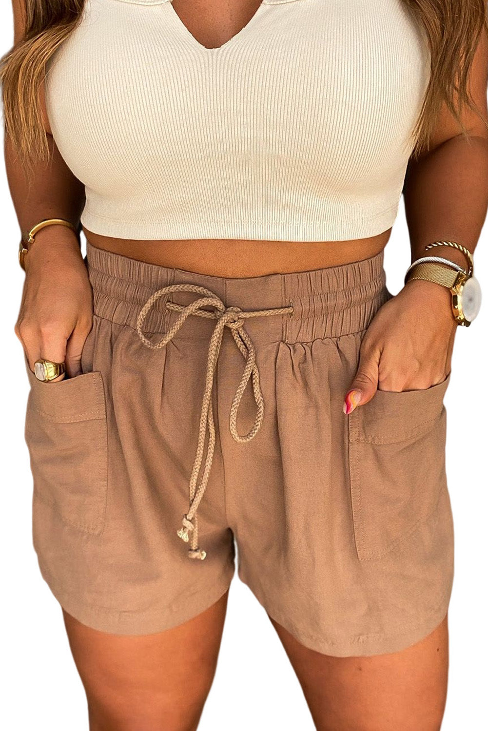 Brown Shirred Waistband Drawstring Casual Shorts With Pockets