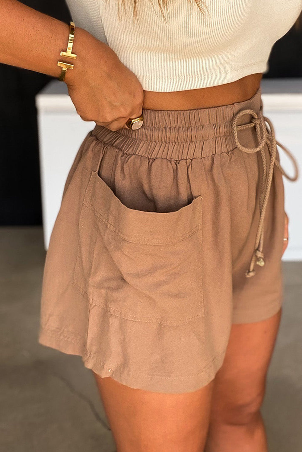 Brown Shirred Waistband Drawstring Casual Shorts With Pockets