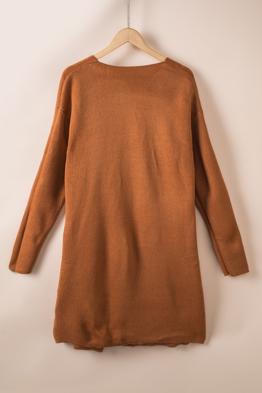 Brown Solid Open Front Drop Sleeves Long Cardigan