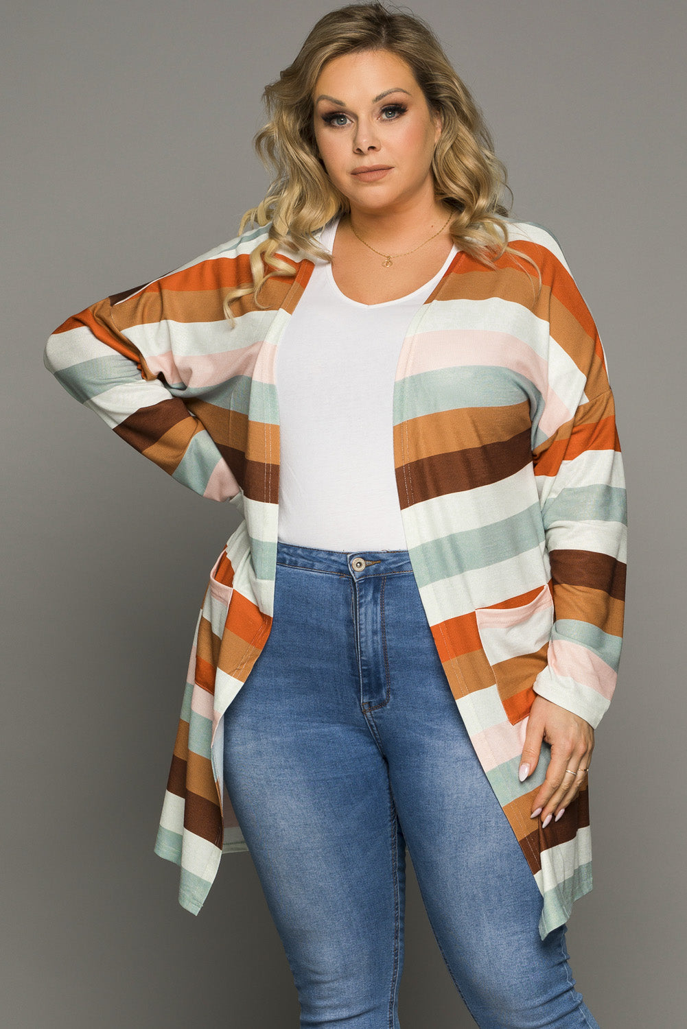 Brown Stripe Print Open Front Plus Size Cardigan With Pocket