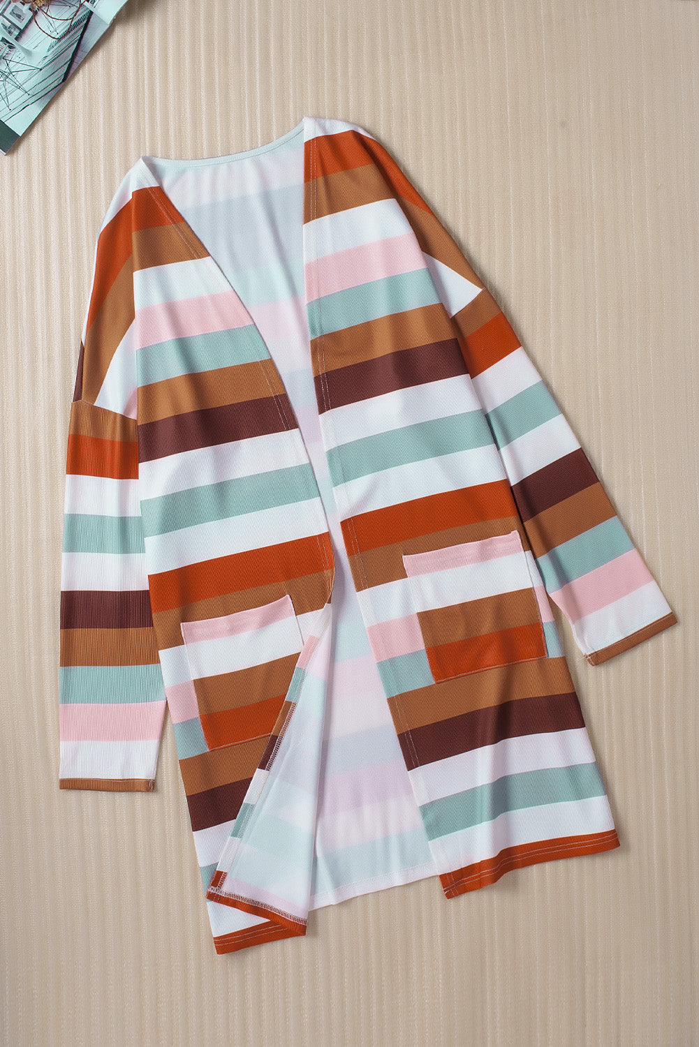 Brown Stripe Print Open Front Plus Size Cardigan With Pocket