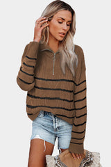 Brown Striped Half Zip Pullover Sweater