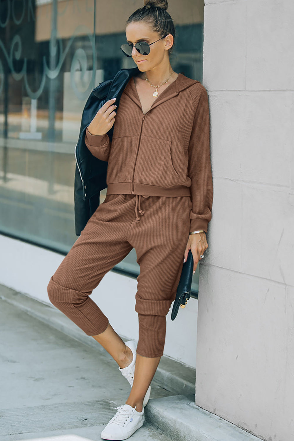 Brown Waffle Knit Zip-Up Hoodie and Pants Athleisure Outfit