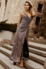 Brown Wrap V Neck Dual Spaghetti Straps Backless Sequin Maxi Evening Dress