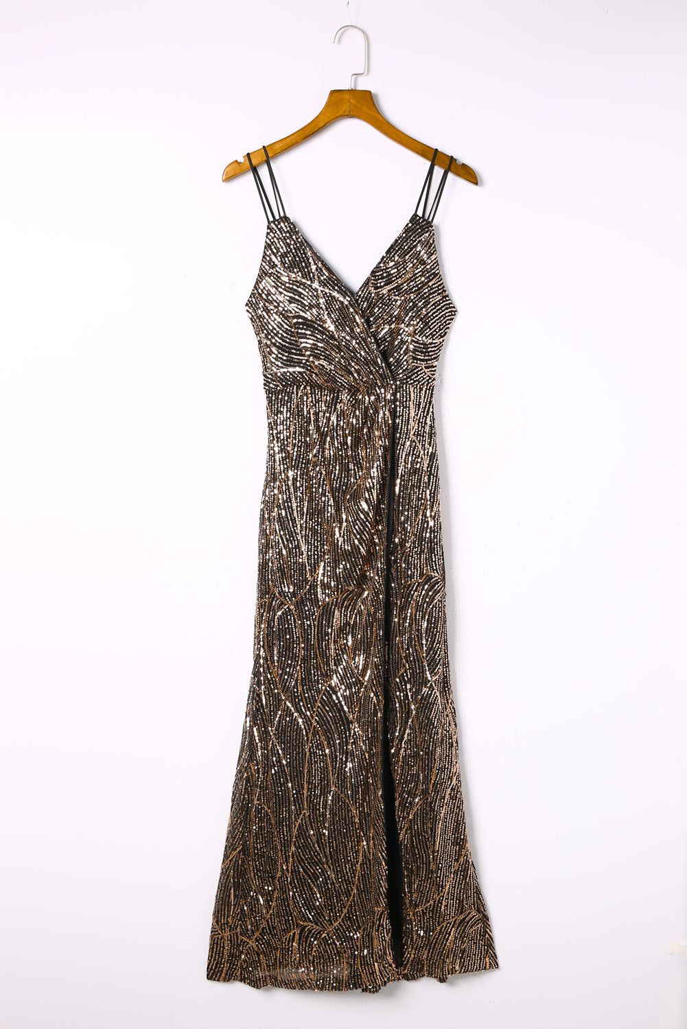 Brown Wrap V Neck Dual Spaghetti Straps Backless Sequin Maxi Evening Dress