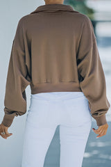 Brown Zipped Turn Down Collar Cropped Sweatshirt With Pocket