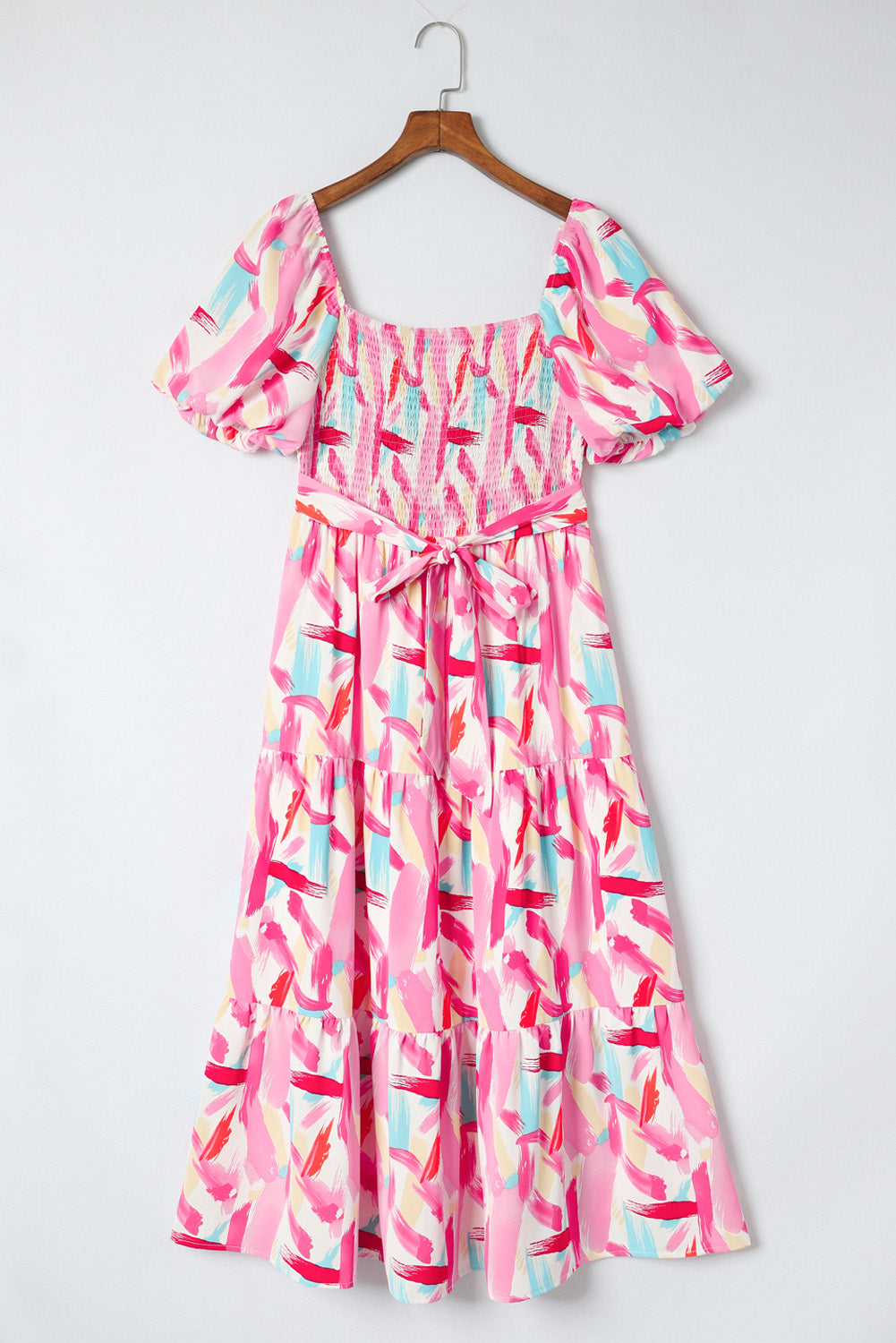 Brush Stroke Printed Smocked Ruffle Tiered Dress