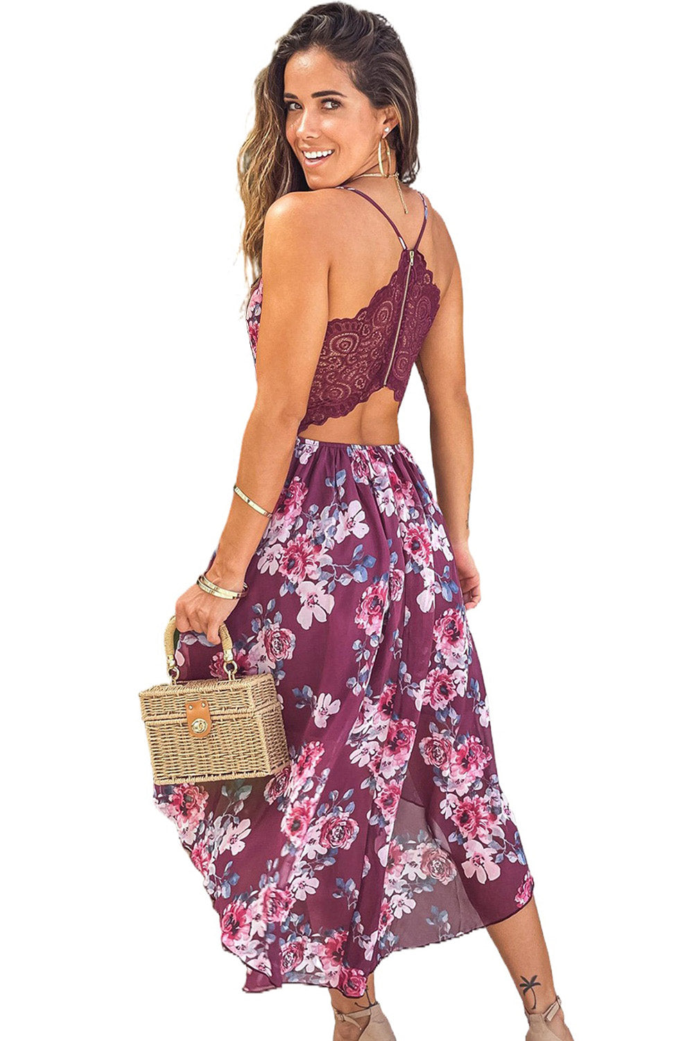Burgundy Floral High-Low Dress With Lace Back