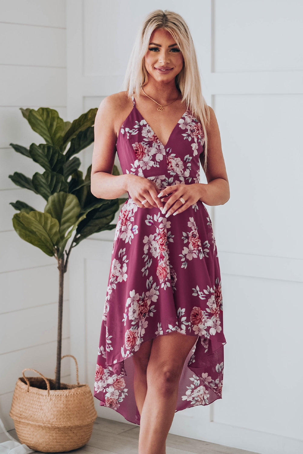 Burgundy Floral High-Low Dress With Lace Back