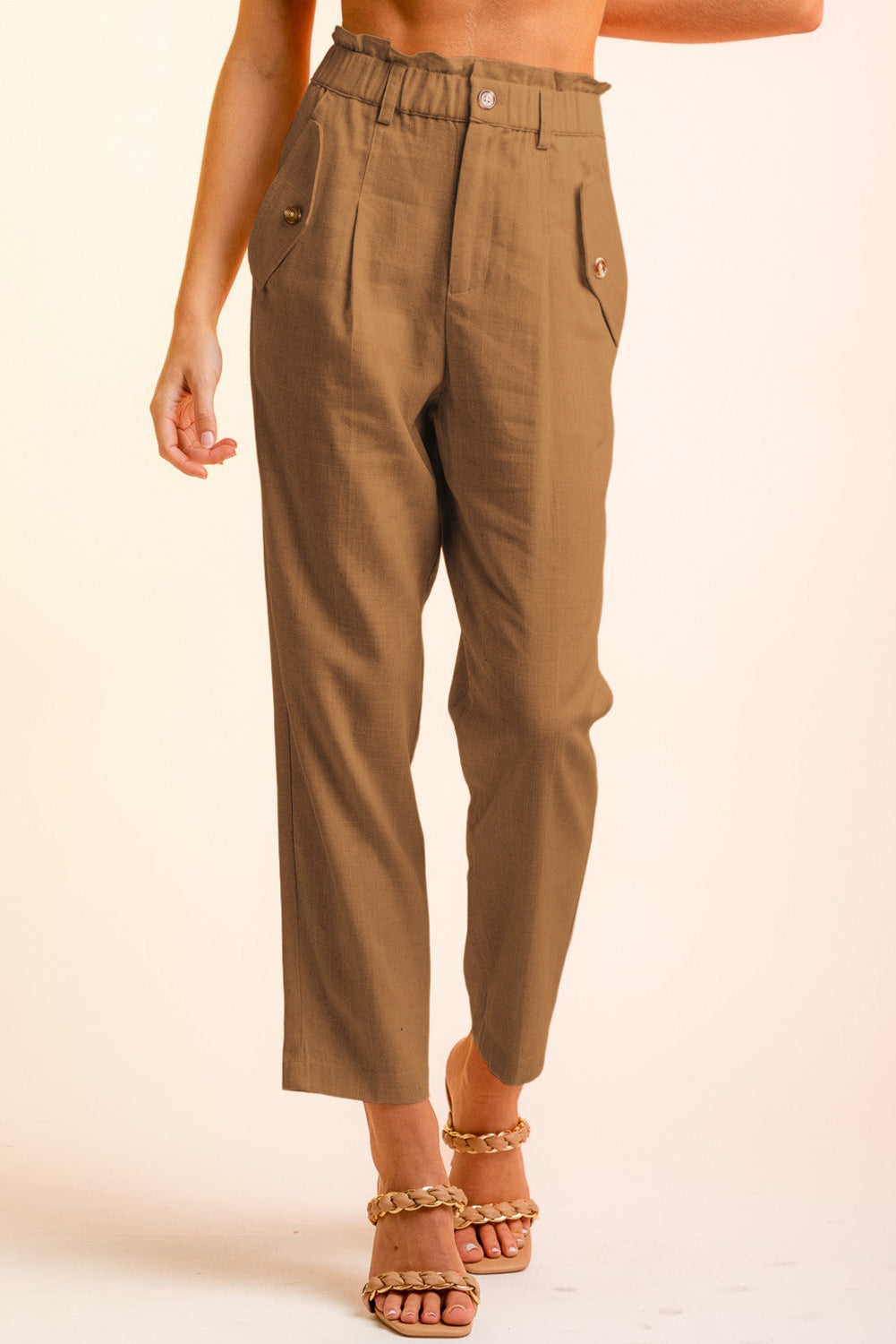 Button Flap Pocket High Waisted Linen Pants