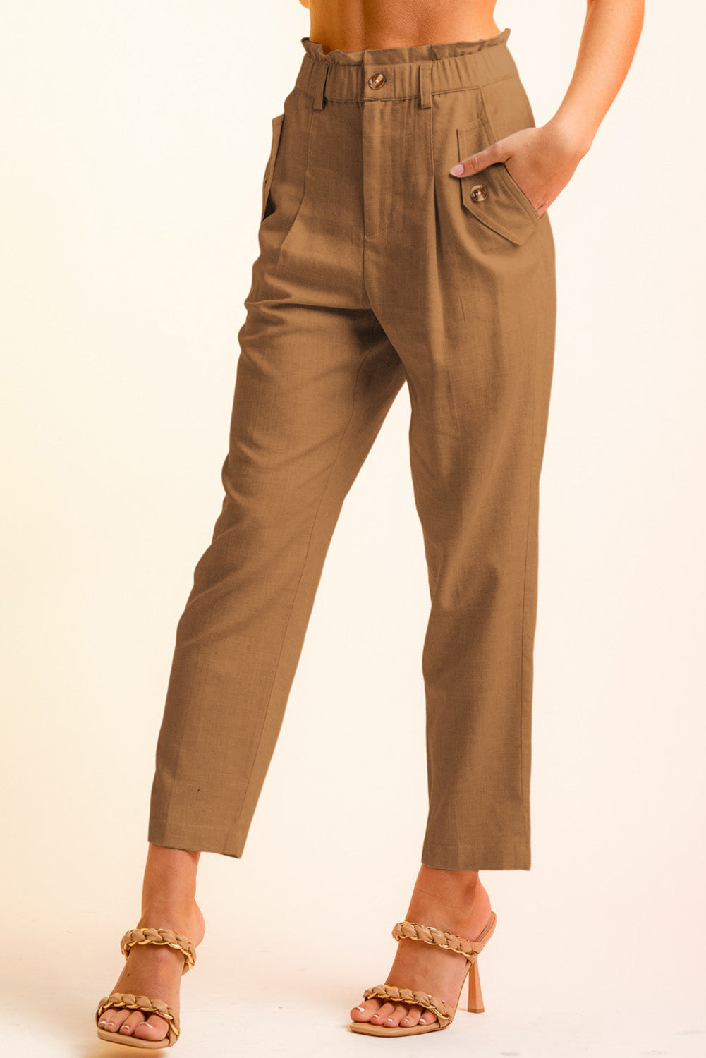 Button Flap Pocket High Waisted Linen Pants