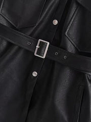 Button Front Flap Pocket Belted PU Coat