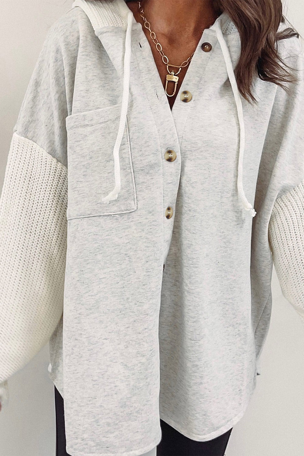 Button Up Contrast Knitted Sleeves Hooded Jacket