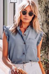 Button Up Ruffled Sleeveless Shirt with Chest Pocket