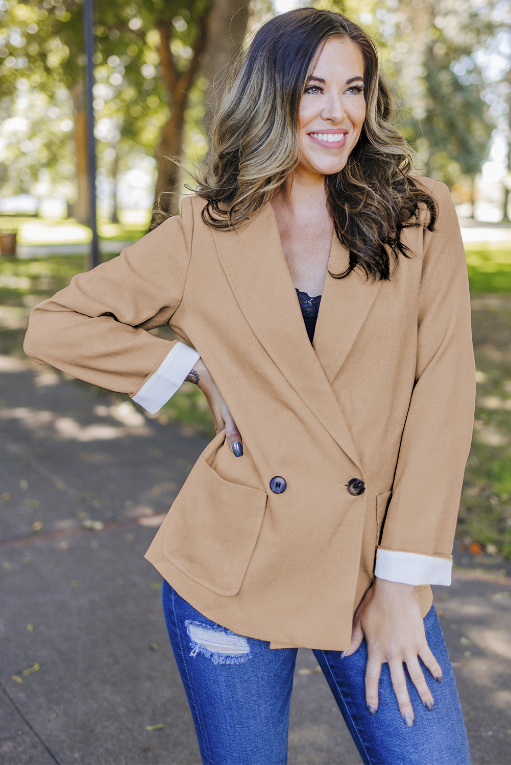 Buttoned Lapel Collar Blazer With Pocket