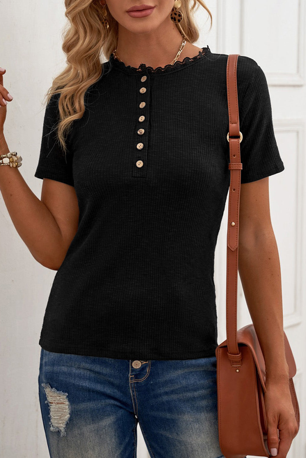 Buttoned Ribbed Knit Short Sleeve Top