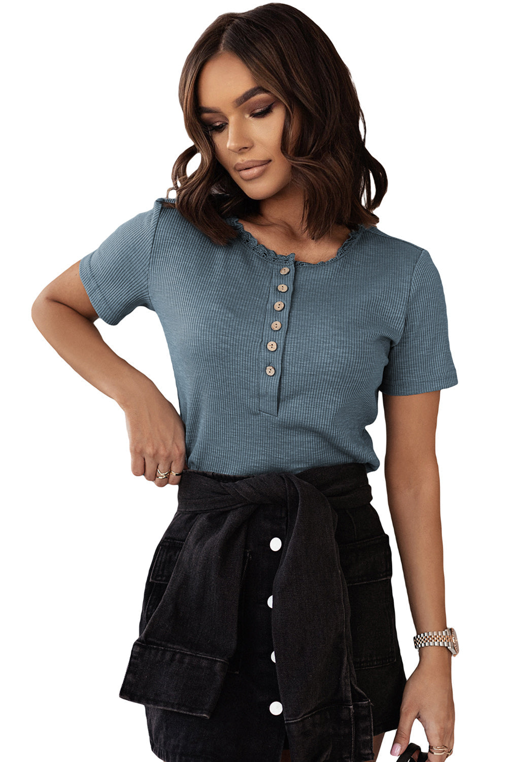 Buttoned Ribbed Knit Short Sleeve Top