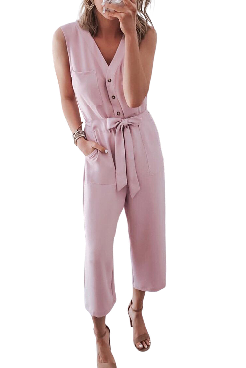 Buttoned Sleeveless Cropped Jumpsuit With Sash
