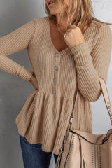 Buttoned V Neck Ruffle Waffle Long Sleeve Knit Top