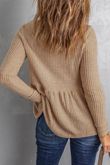 Buttoned V Neck Ruffle Waffle Long Sleeve Knit Top