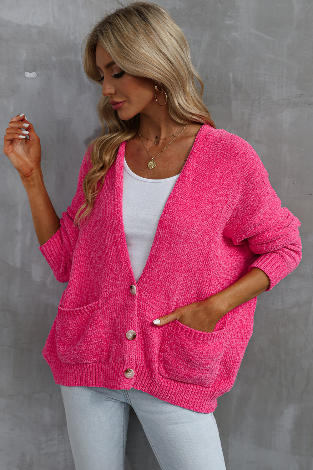 Buttons Front Pocketed Sweater Cardigan