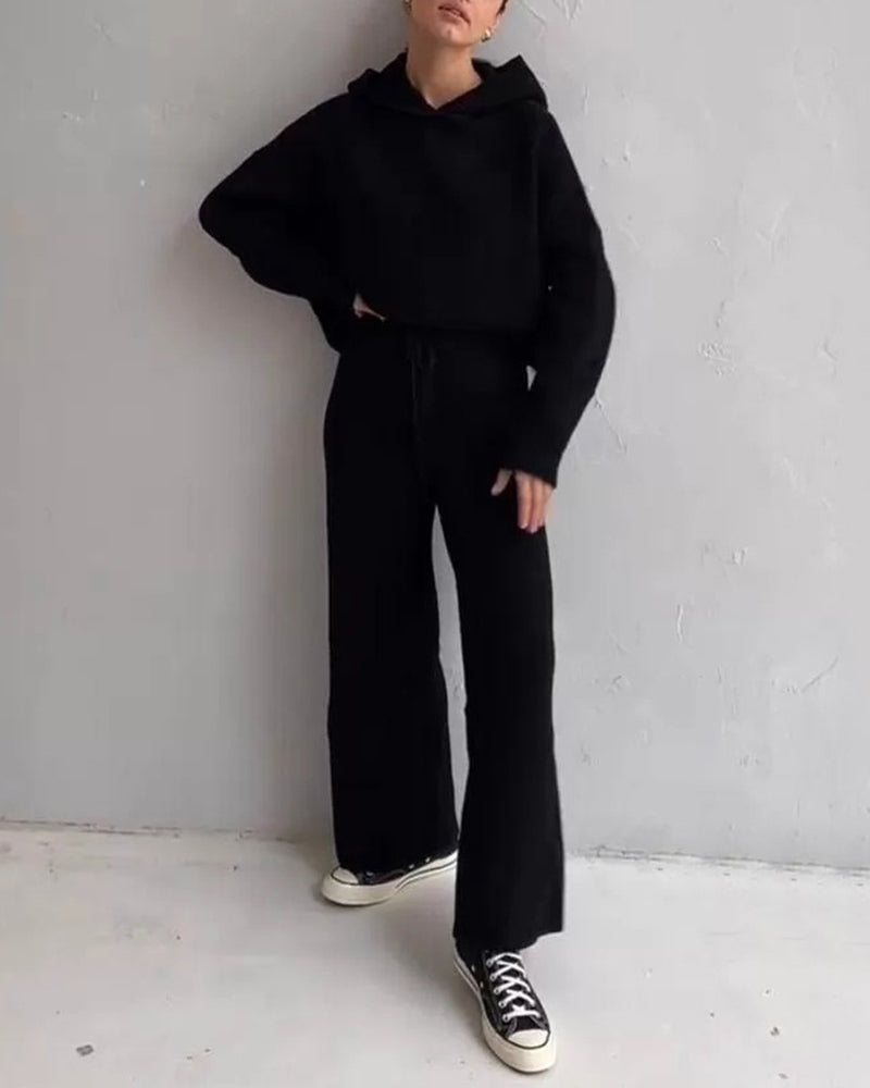 Casual Street Loose Two-piece Sweatsuit Hooded Knitted Loose Top + Wide-leg Pants