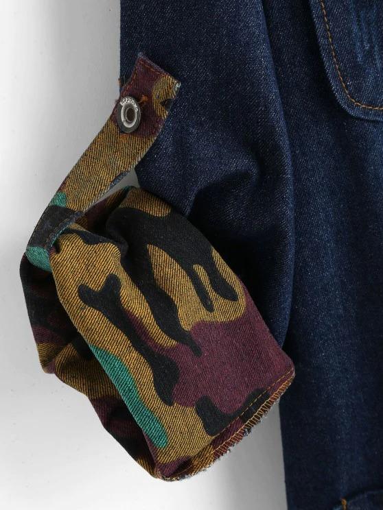 Camouflage Lined Pockets Hooded Denim Coat