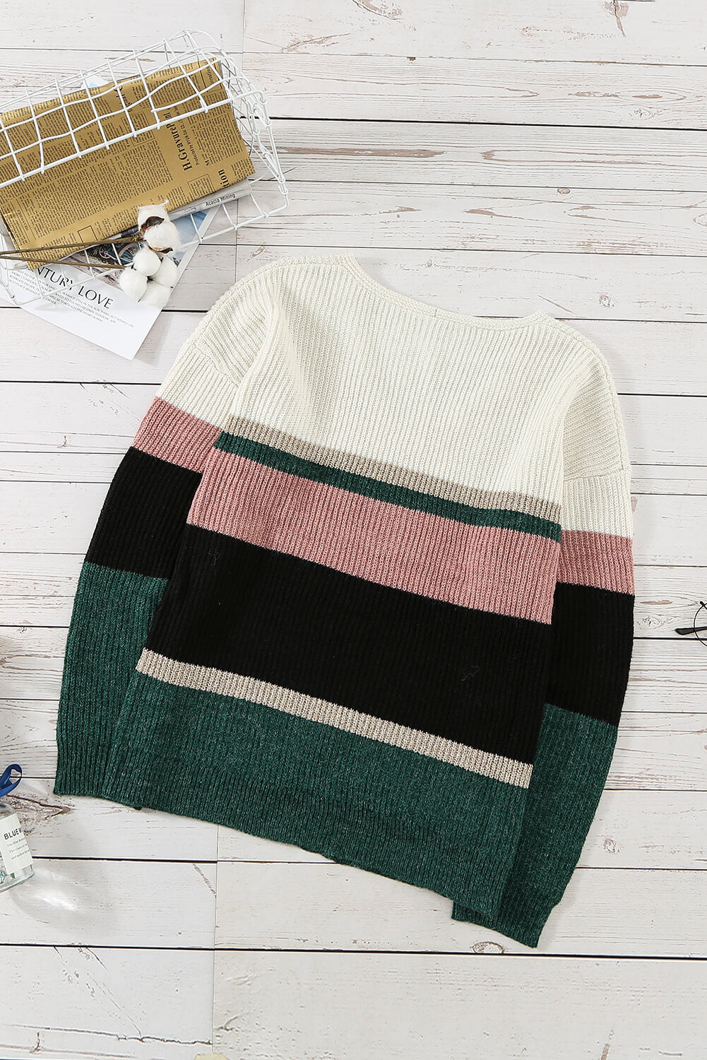 Casual Color-Block Striped Long Sleeve V Neck Sweater