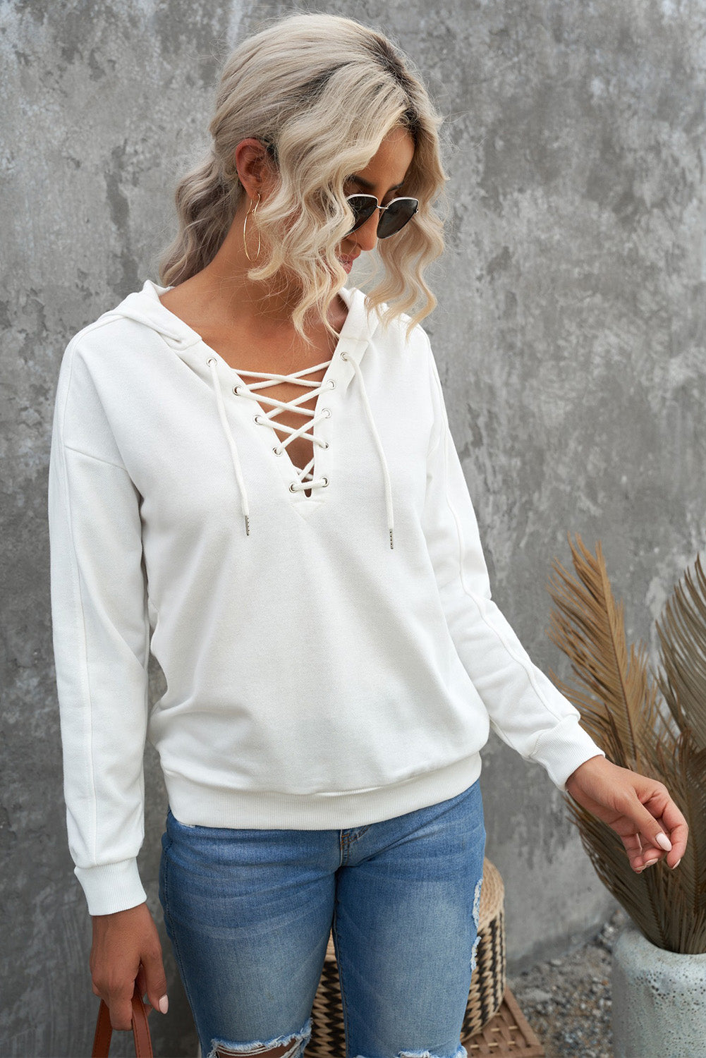 Casual Solid Color Lace-Up Hoodie