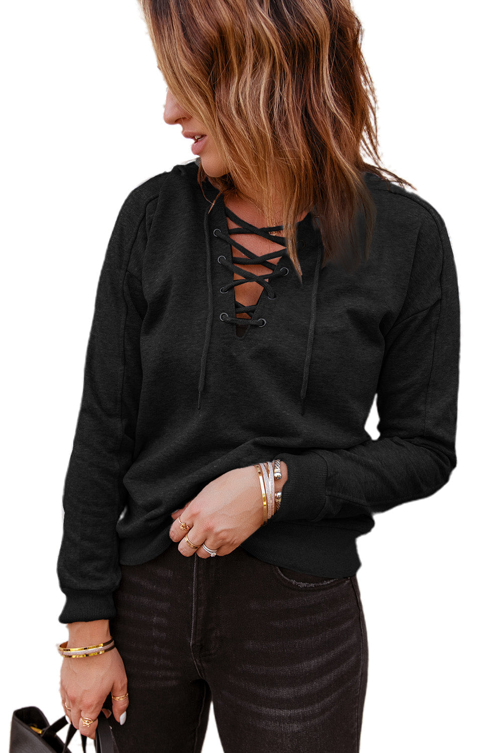 Casual Solid Color Lace-Up Hoodie