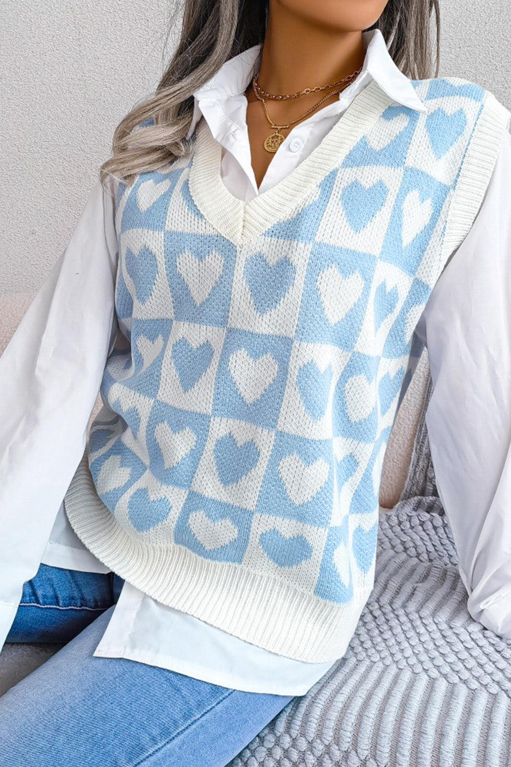 Checked Heart Pattern Sweater Vest