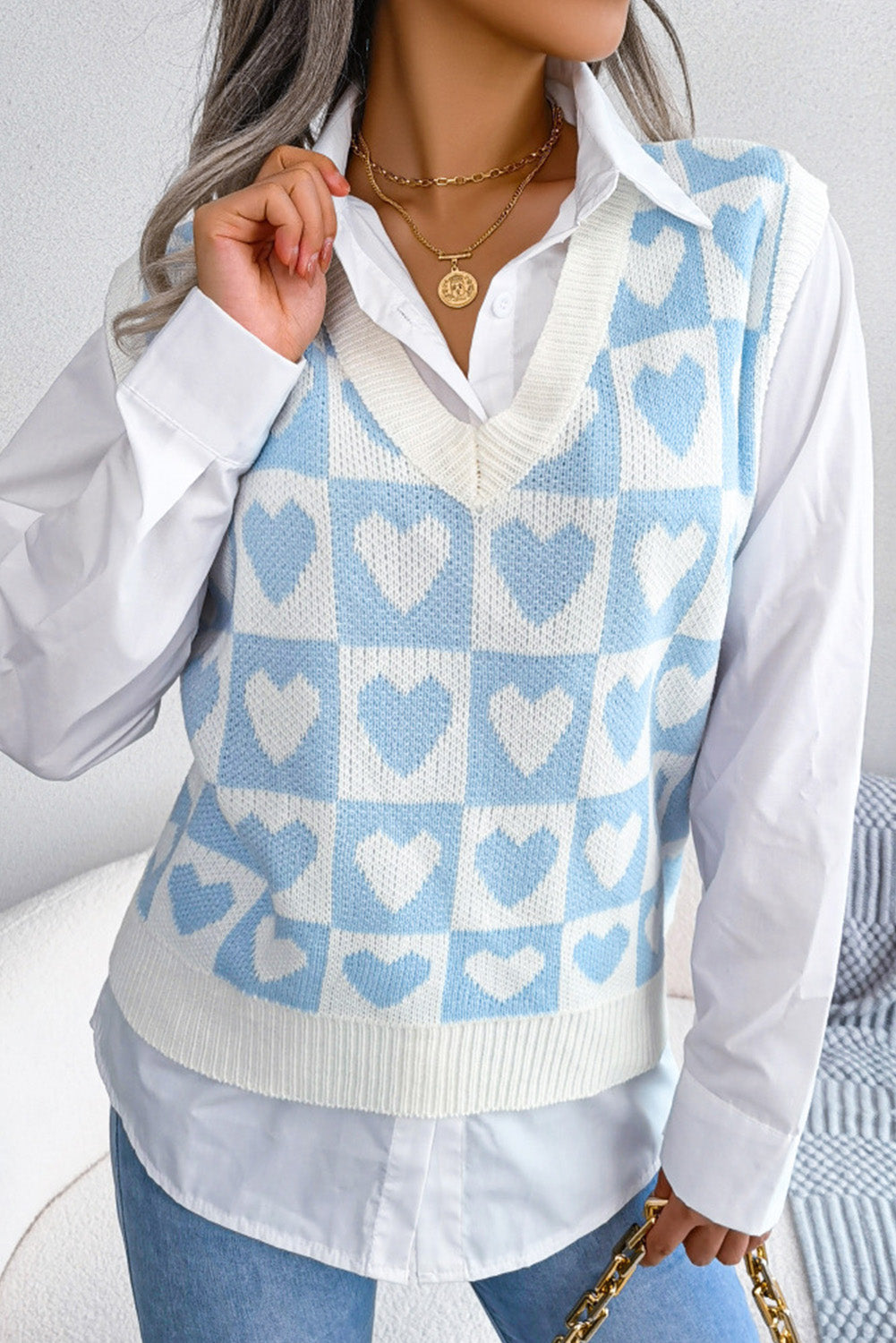 Checked Heart Pattern Sweater Vest