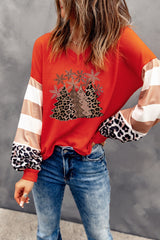 Christmas Tree Leopard Color Block Waffle Knit Top