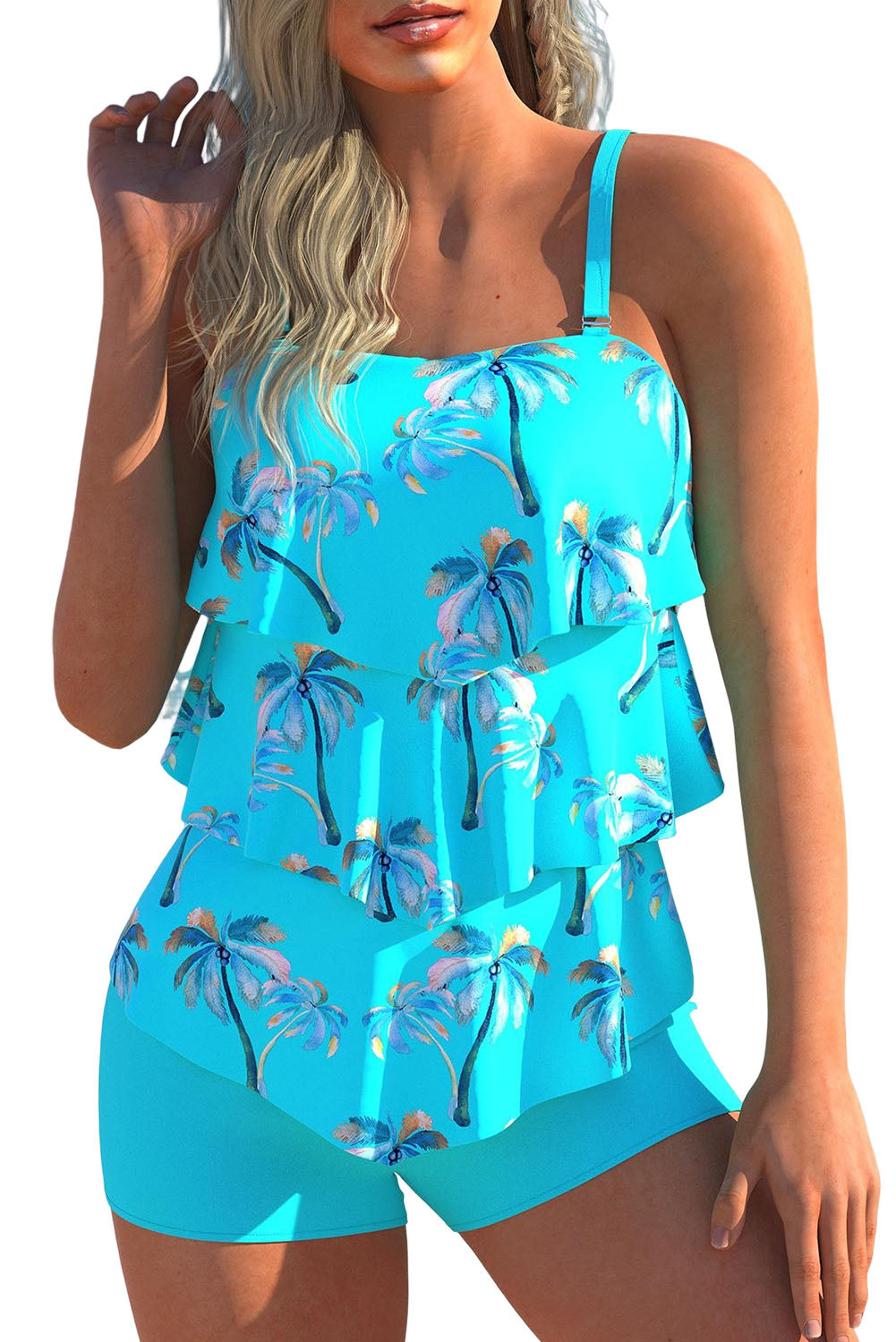 Coconut Tree Print Layered Tankini 2pcs Swimsuit