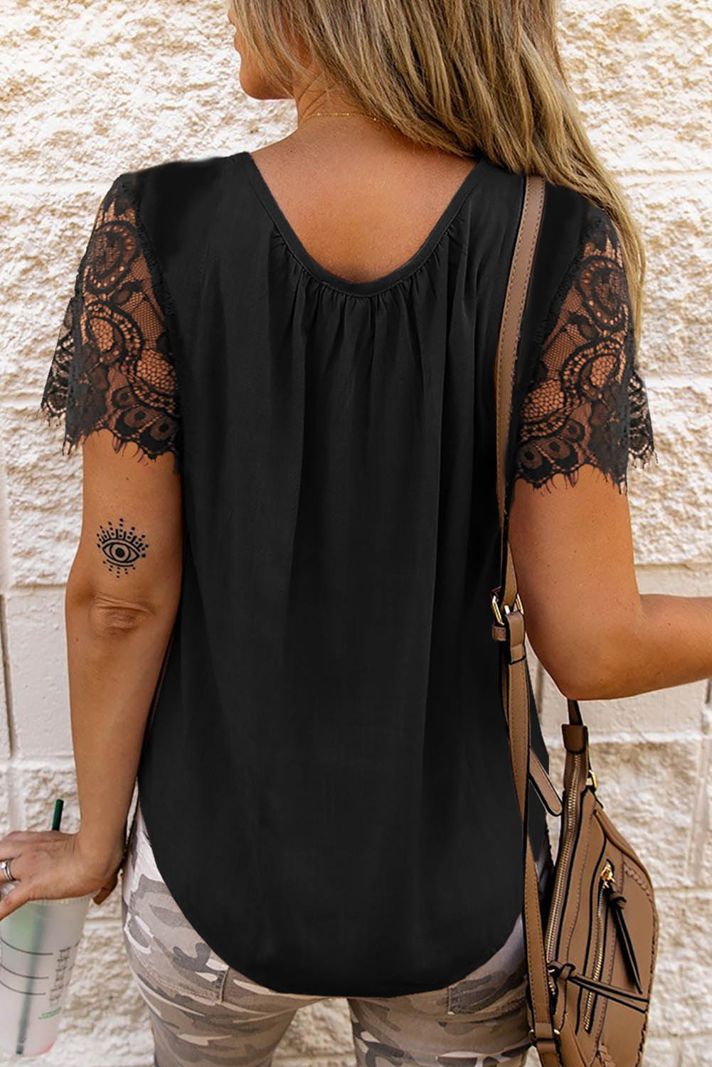 Cut Out Lace Patchwork Short Sleeve Top