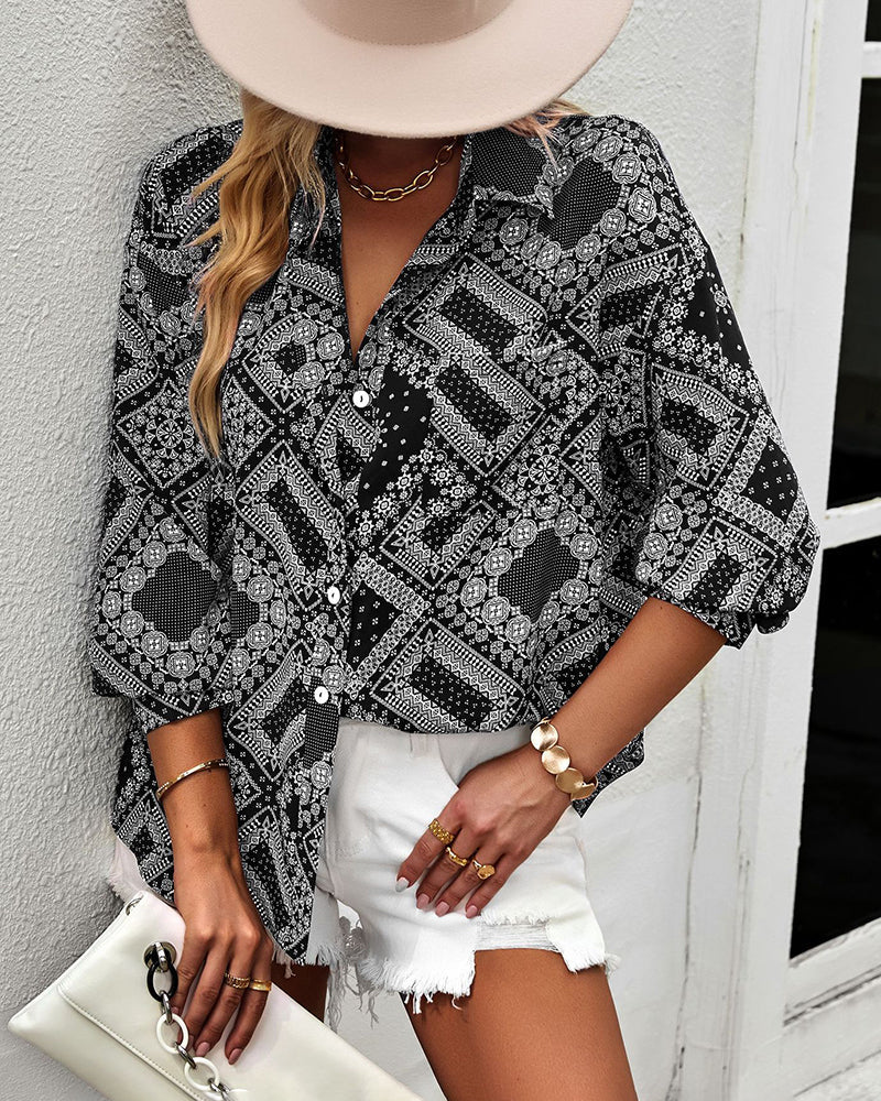 Casual V Neck Roll Up Sleeve Lapel Print Button Down Shirt
