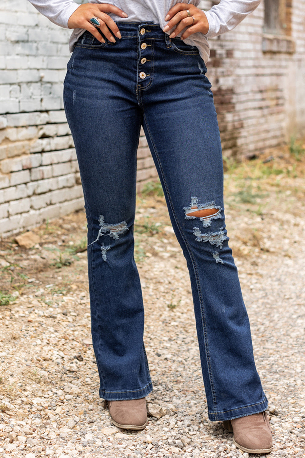 Dark Washed Distressed Flare Bottom Jeans