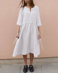 Cotton And Linen V-Neck Lace up Pocket 3/4 Length Sleeve Summer Dresses