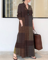 Chic Print Button Down Rolled-Up Sleeve Long V-Neck Blouse Maxi Ankle Dress
